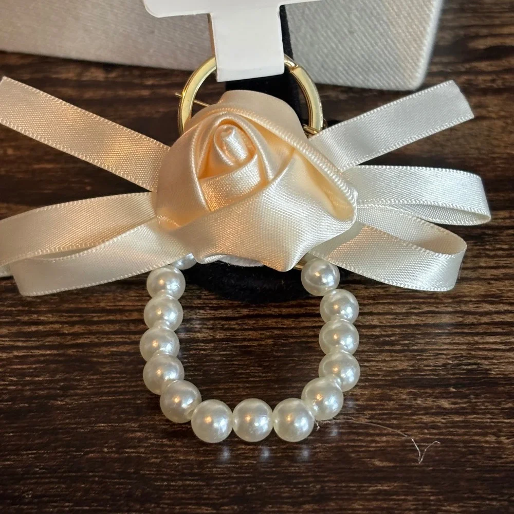 Crystal Collection Ivory Satin Rose Faux Pearl Bow Keychain Gold Tone Clasp